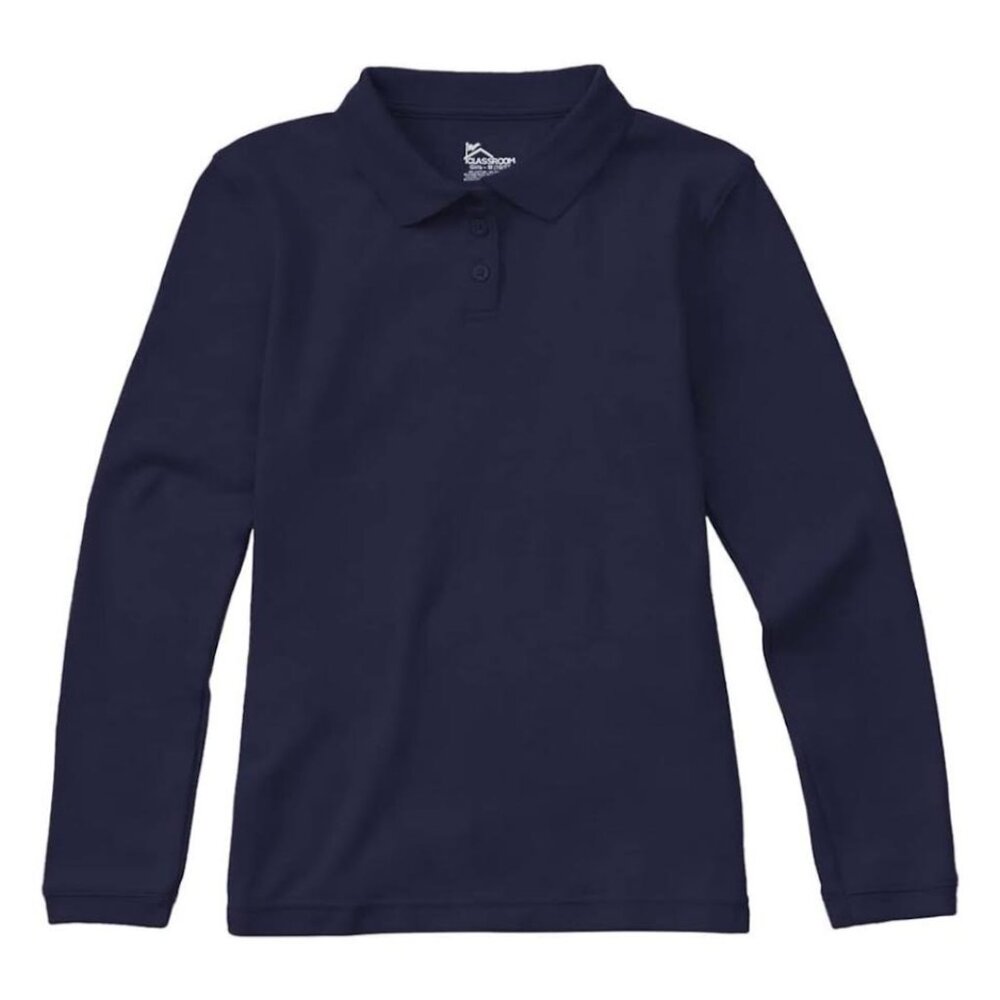 Classroom 58544 Girls Juniors Long Sleeve Fitted Interlock Polo Navy